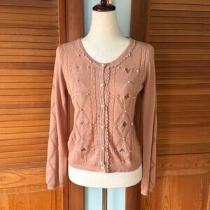 Axes Femme J-fashion Kawaii Dusty Pink Card Suits Pearls Cardigan Sweater M